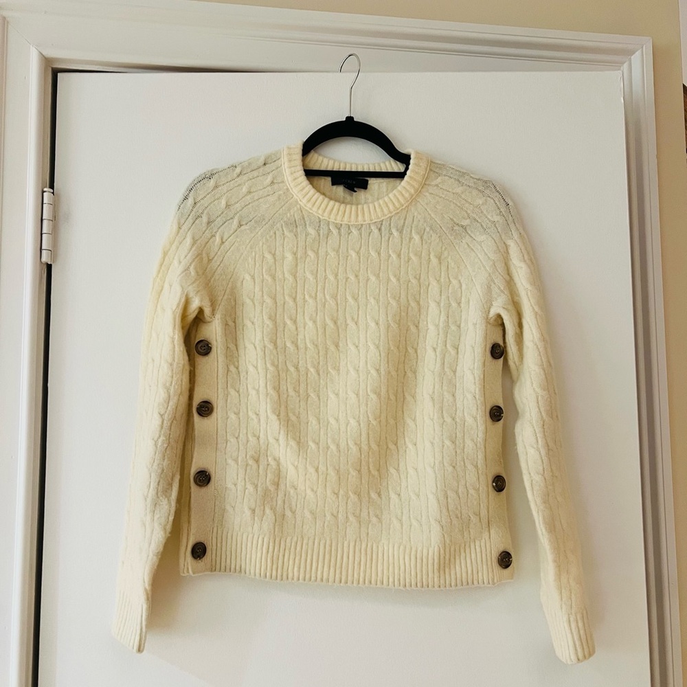 J Crew Cream Color Crewneck Sweater with Buttons Down Sides. Size XXS.